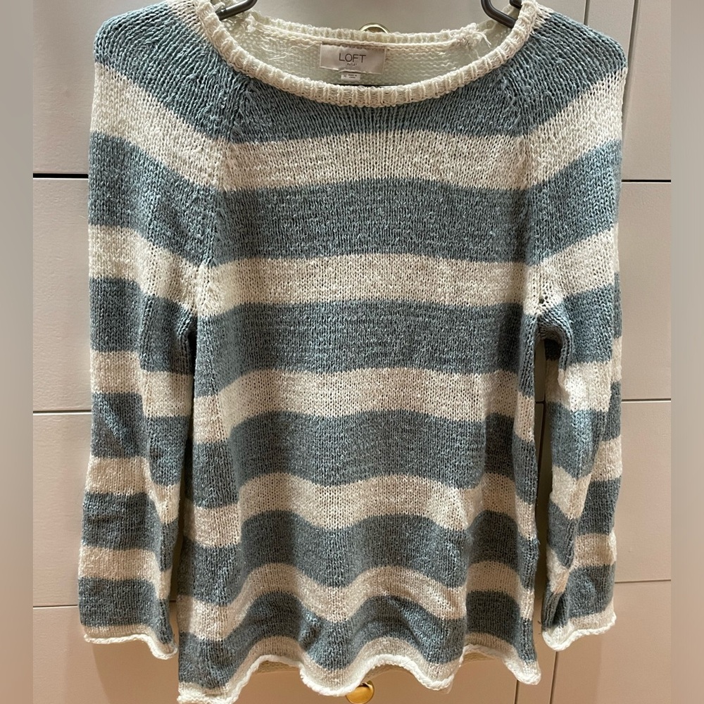 LOFT M Blue White Striped Sweater 3/4 Sleeve